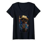 Womens Black Afro American Cowgirl with Cowboy Hat Painting V-Neck T-Shirt