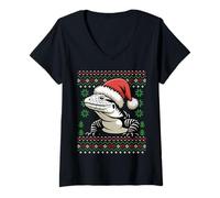 Womens Black and White Argentine Tegu Christmas Ugly Xmas Sweater V-Neck T-Shirt