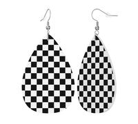 Womens Black and White checkered stripes Print Leather Earrings Teardrop Dangle Earrings Jewelry Outfits Accessories