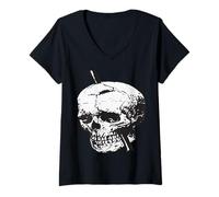 Womens Black and White Skull Illustration with Tamping Iron Vector V-Neck T-Shirt