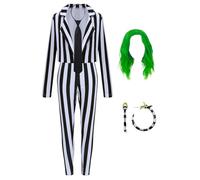 Women's Black and White Striped Blazer Suit Long Sleeve Vertical Stripe Elastic Front Placket Coat with Wig, Legging Pants, Tie, Earrings QM036M