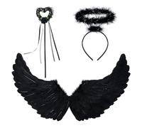 Womens Black Angel Wings and Halo with Fairy Wand - Fallen Angel Costume Halloween Costumes for Women - Black Feather Wings, Halo Headband and Heart Wand Halloween Outfits for Girls