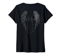 Women's Black Angel Wings On Back V-Neck T-Shirt