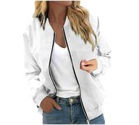 Women's Black Bomber Jacket, Blouson Jacket, Large Sizes, Pilot Jacket, Zip Up Long Sleeves, Flight Jacket, Thin, Soft Summer Jacket, Classic Solid Biker Jacket, Elegant Casual Coat, White, XL