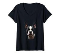 Womens Black Boston Terrier Dog Bostie Face V-Neck T-Shirt
