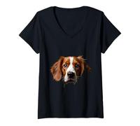 Womens Black Brittany Spaniel Dog Brittany Face V-Neck T-Shirt
