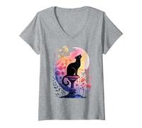 Womens Black Cat and Crescent Moon - Spooky Botanical Halloween V-Neck T-Shirt