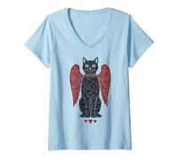 Women's Black Cat Angel Wings V-Neck T-Shirt