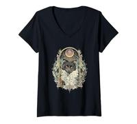 Women's Black Cat Art Nouveau Crescent Moon Witchy Floral V-Neck T-Shirt