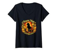Women's Black Cat Autumn Enchanting Leaves V-Neck T-Shirt