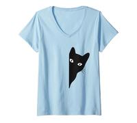 Womens Black-Cat Coming Out Funny Peek a Boo Peeking Pet V-Neck T-Shirt