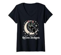 Womens Black Cat Crescent Moon - Nine Lives Zero Regrets V-Neck T-Shirt