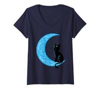 Womens Black Cat Crescent Moon Sailor Mum V-Neck T-Shirt
