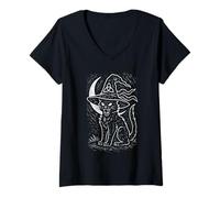 Womens Black Cat Crescent Moon Witch Hat Pagan Gothic Halloween Art V-Neck T-Shirt