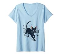 Womens Black Cat Cute Anime Kawaii Kitty Tuxedo Cat Parent V-Neck T-Shirt
