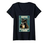 Womens Black Cat Drinking Coffee Because Murder Is Wrong V-Neck T-Shirt