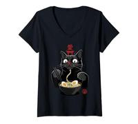 Women's Black Cat Eating Ramen Noodles Japan Kanji Love Anime Design V-Neck T-Shirt