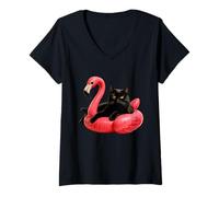 Womens Black Cat Flamingo Kitten Lover Feline Pet Owner Kitty V-Neck T-Shirt
