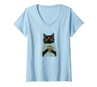 Women's Black cat Holding a Coffee Mug V-Neck T-Shirt
