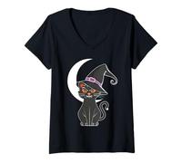 Womens Black cat in Witch Hat Funny Halloween Witch V-Neck T-Shirt
