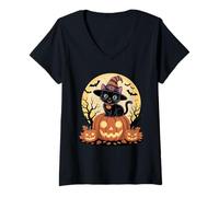 Womens Black cat in Witch hat Sitting on Jack o Lanterns Halloween V-Neck T-Shirt