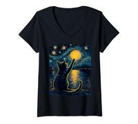 Women's Black Cat Lovers Starry Night Vincent Van Gogh V-Neck T-Shirt