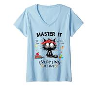Womens Black Cat Masters Mastered It Funny Graduate Master Degree V-Neck T-Shirt