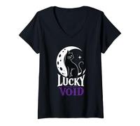 Women's Black Cat Moon Lucky Void V-Neck T-Shirt