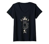 Women's Black Cat Moon Phase Witchy Halloween Celestial V-Neck T-Shirt