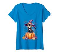 Women's Black Cat on Pumpkin with Witch Hat Halloween V-Neck T-Shirt, Sapphire Blue, Small