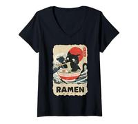 Womens Black Cat Ramen - Kawaii Japanese Anime Streetwear Art V-Neck T-Shirt