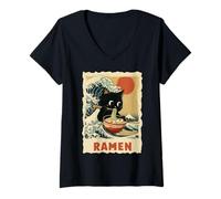 Womens Black Cat Ramen - Kawaii Japanese Anime Streetwear Art V-Neck T-Shirt