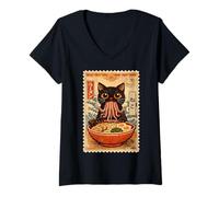 Women's Black Cat Ramen Tentacles Vintage-Inspired Japanese Graphic V-Neck T-Shirt