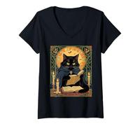 Womens Black Cat Reading A Book of Solstice Spells V-Neck T-Shirt