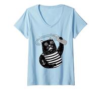 Womens Black Cat Sailor Sail Boating Captain Vintage Sailing Cat V-Neck T-Shirt