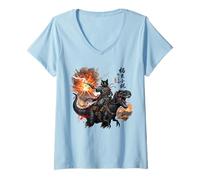 Women's Black cat Samurai Riding Dinosaur Volcanic Eruption Art cat V-Neck T-Shirt
