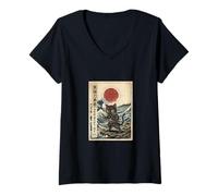 Women's Black Cat Samurai Ukiyo-e Japanese Warrior Vintage Art V-Neck T-Shirt