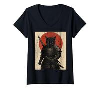 Womens Black Cat Samurai with Katana Under Red Rising Sun V-Neck T-Shirt