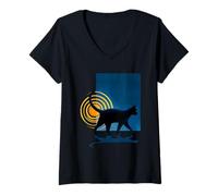 Womens Black Cat Silhouette Surreal Art Abstract Jazz Noir Blues V-Neck T-Shirt