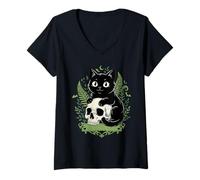 Women's Black Cat Skull Gothic Witch Botanical Art V-Neck T-Shirt