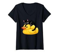 Women's Black Cat Sleeping On Rubber Duck V-Neck T-Shirt
