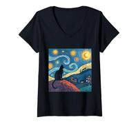 Womens Black Cat Starry Night Inspired Fantasy Artwork V-Neck T-Shirt