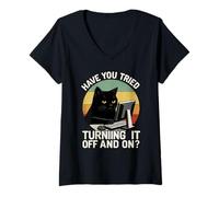 Womens Black Cat Tech Support for Retro IT Nerds and Programmers V-Neck T-Shirt