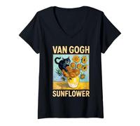 Womens Black Cat vs. Van Gogh-Sunflower Smash Funny Art V-Neck T-Shirt