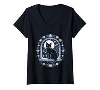 Womens Black Cat Winter Night Snowflakes Enchanting V-Neck T-Shirt