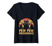 Womens Black Cat with Guns Retro Pew Madafakas V-Neck T-Shirt