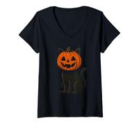 Womens Black Cat with Jack O Lantern Head Halloween V-Neck T-Shirt
