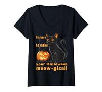 Womens Black Cat with Pumpkin - Funny Halloween Vibes V-Neck T-Shirt