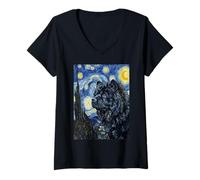 Women's Black Chow Chow Dog Van Gogh Starry Night Art V-Neck T-Shirt