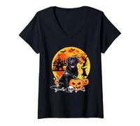 Womens Black Color Labrador Retriever Halloween Carved Pumpkin V-Neck T-Shirt